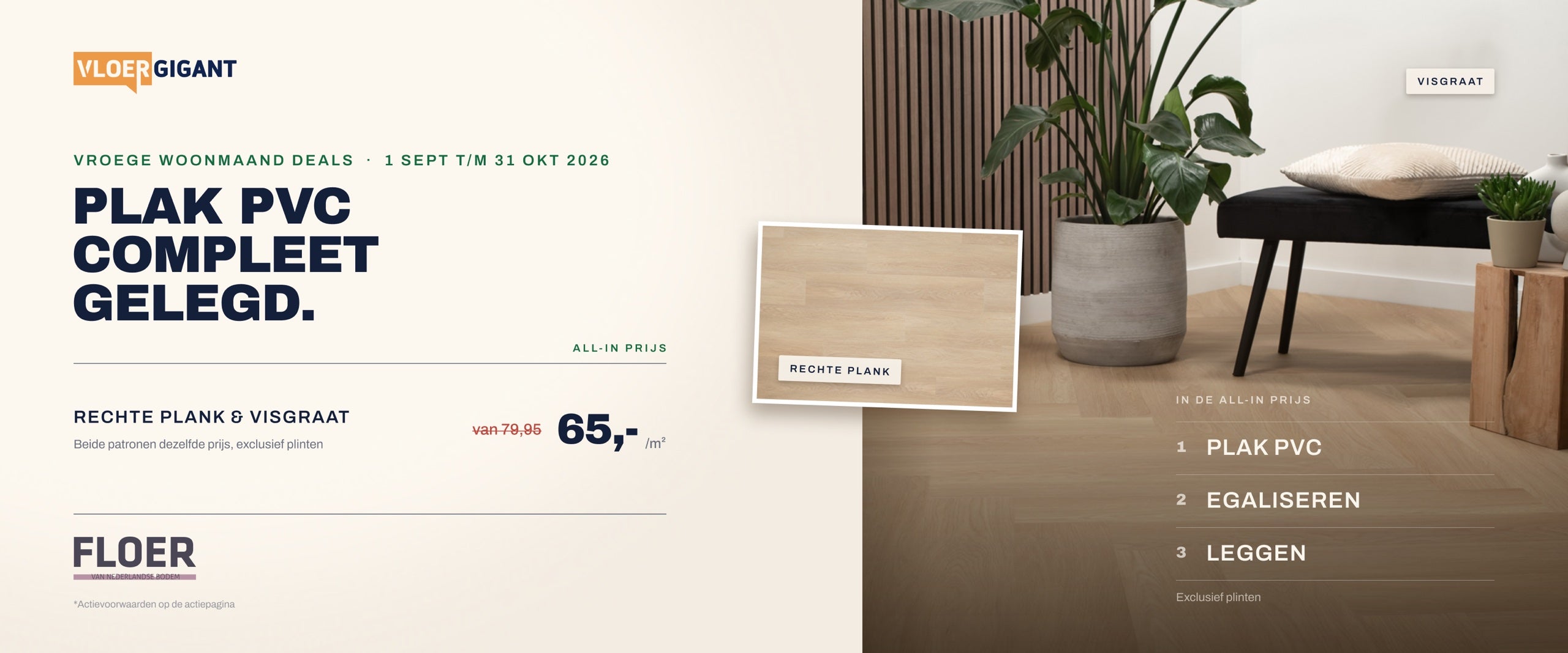 Woonmaand deal Floer PVC, all-in 65 euro per m2 inclusief egaliseren en leggen