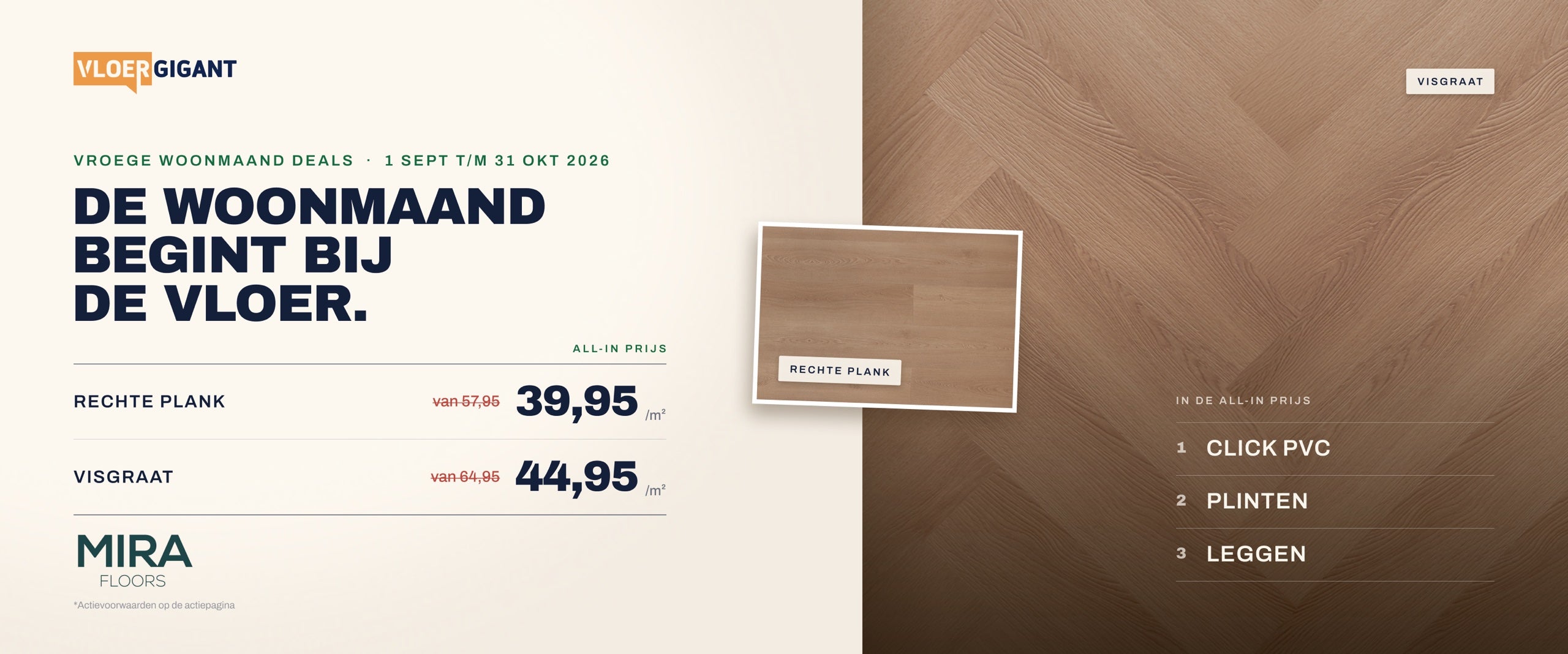 Woonmaand deal Mira Click PVC, all-in vanaf 39,95 per m2 inclusief plinten en leggen
